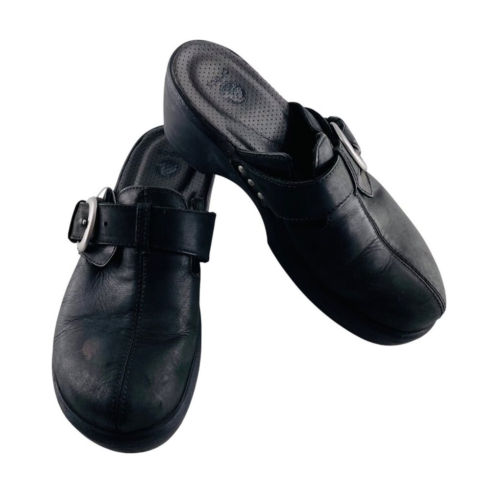 Womens Crocs Leather Clogs Size 8 Black With Buckle‎ Detail